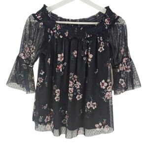 Mesh & Floral Top in Black and Pink, L